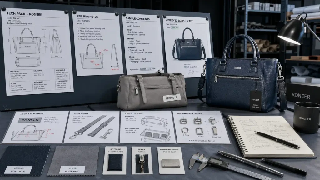 handbag tech pack and physical sample development