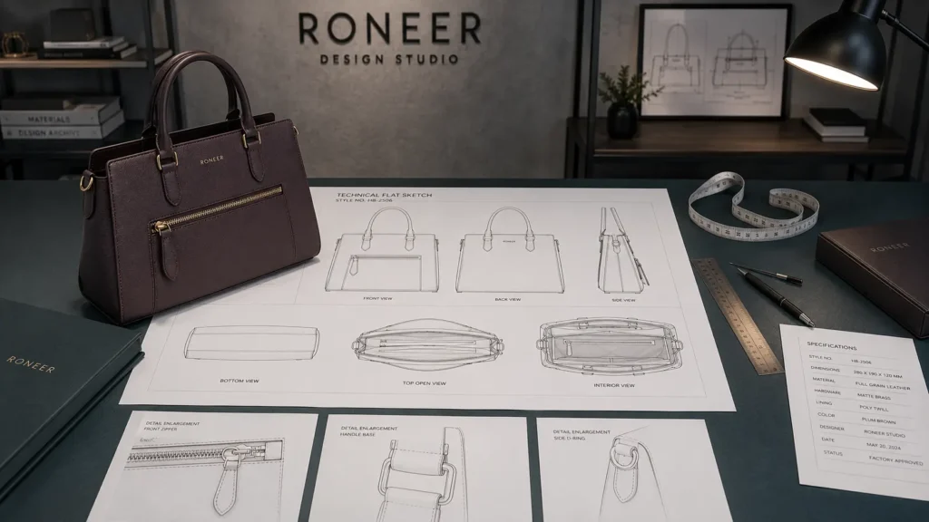 handbag technical flat sketches from multiple views