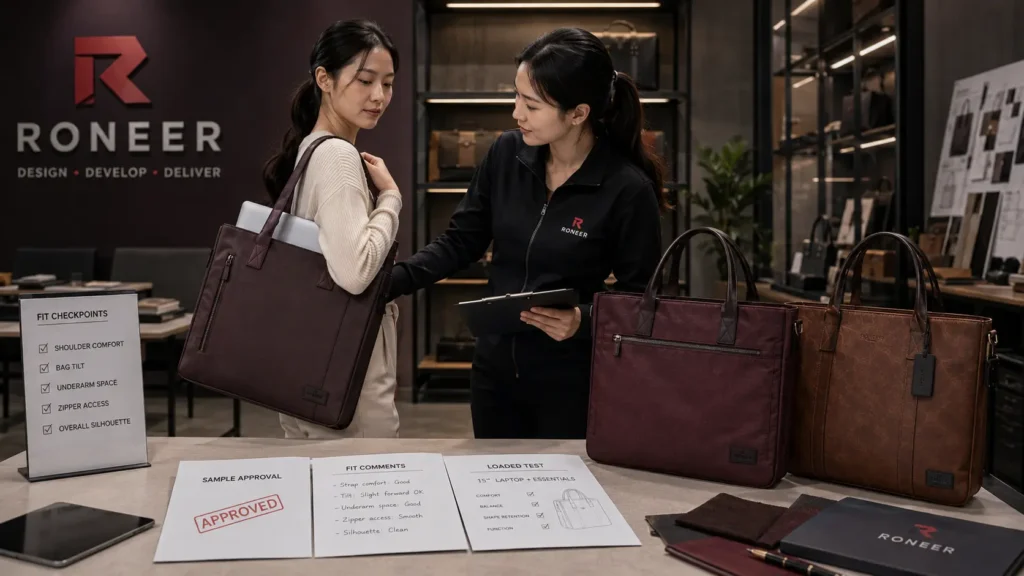 laptop tote bag loaded sample fitting and approval
