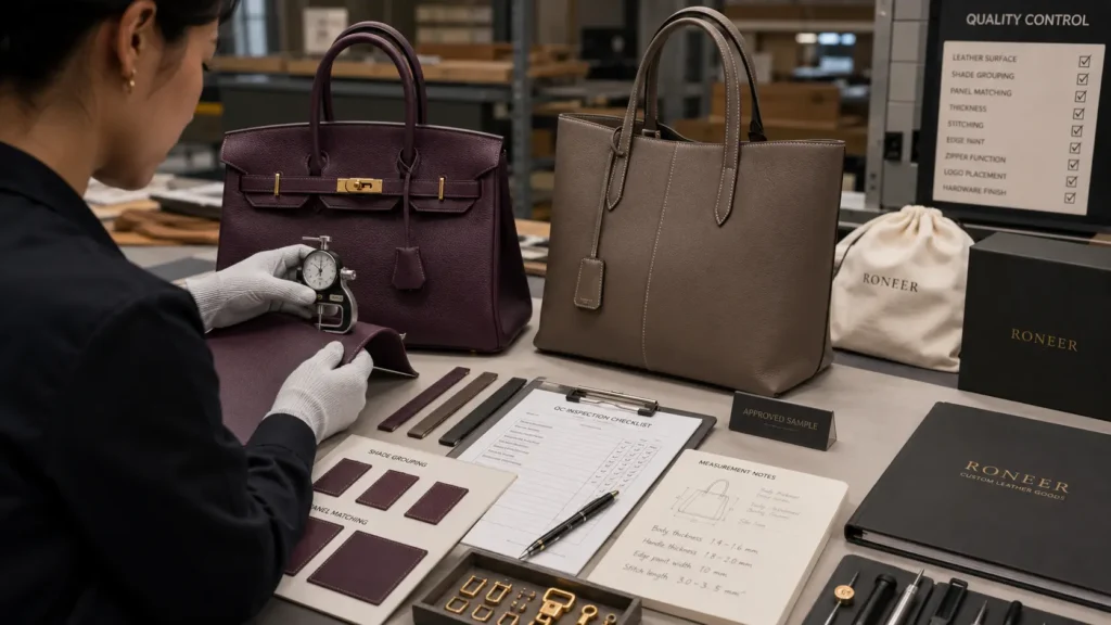 leather handbag quality control and shade inspection