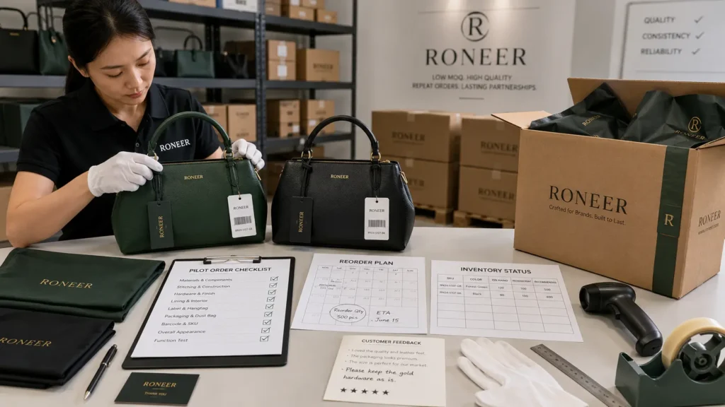 low MOQ handbag pilot order and reorder planning