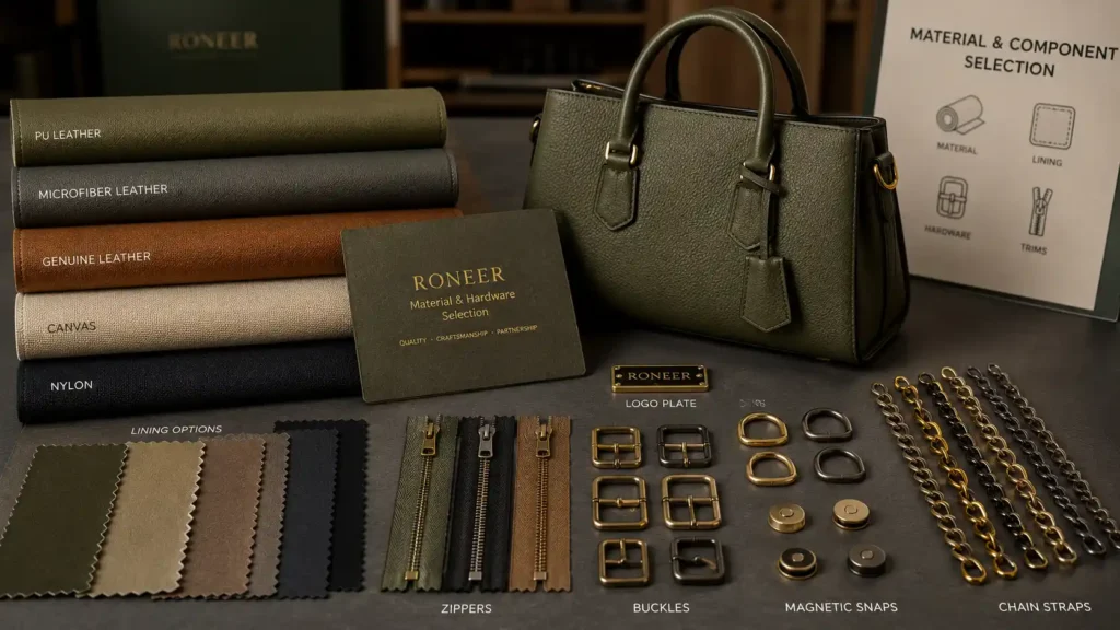 material lining and hardware selection in handbag manufacturing process