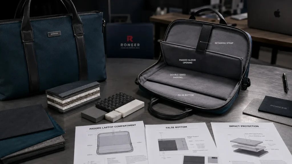 padded laptop compartment and false bottom construction