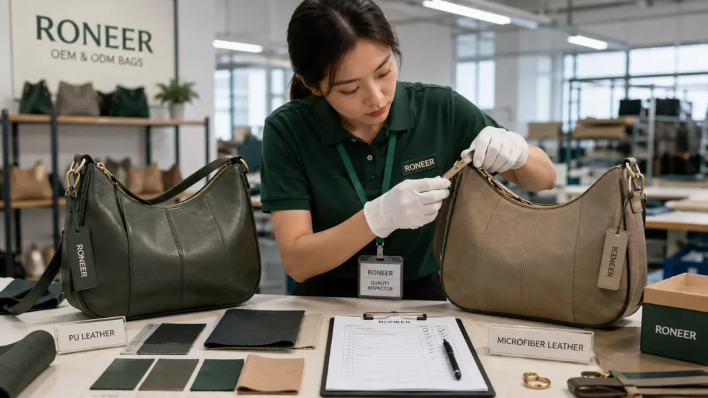 PU leather vs microfiber leather bag sample inspection