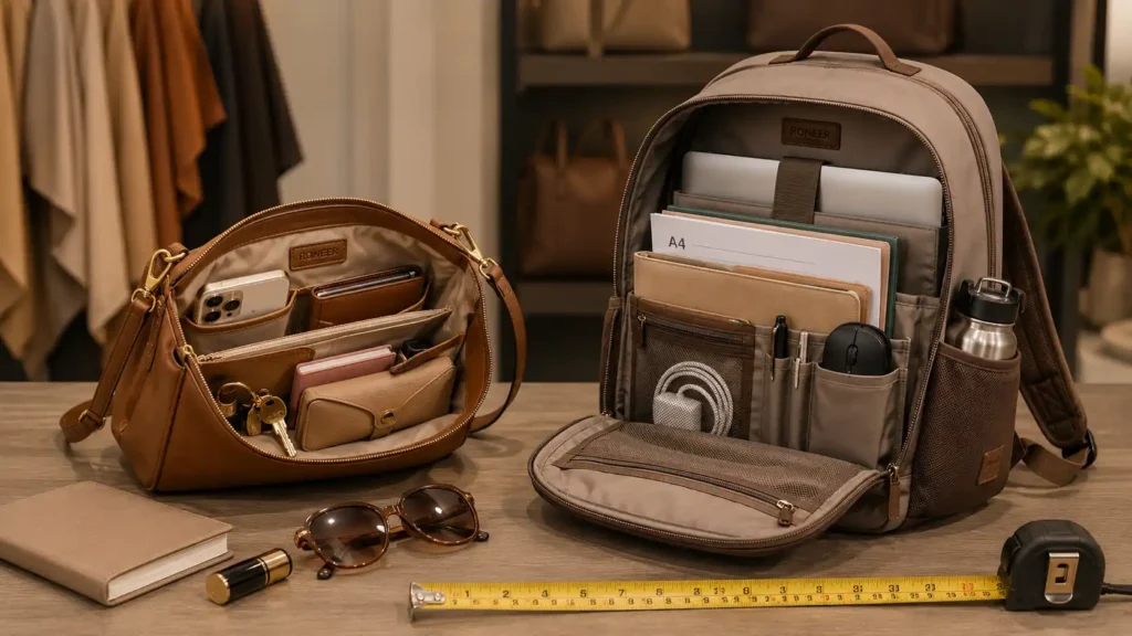 purse and backpack capacity and compartment comparison