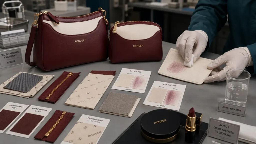 purse and cosmetic bag color transfer testing
