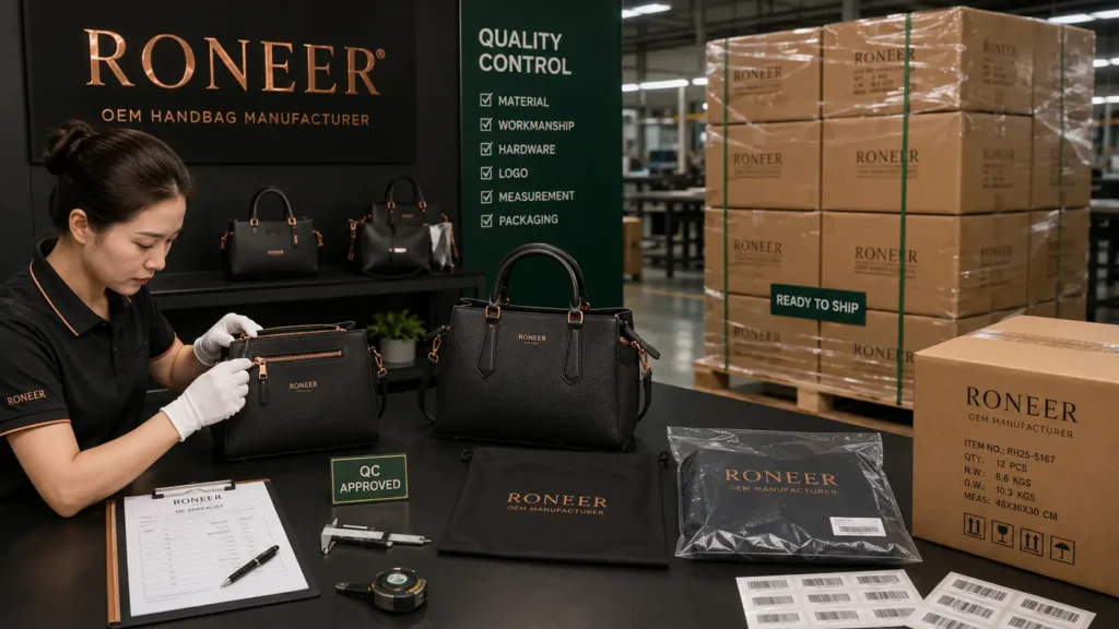 quality control and export packing in OEM handbag manufacturing process
