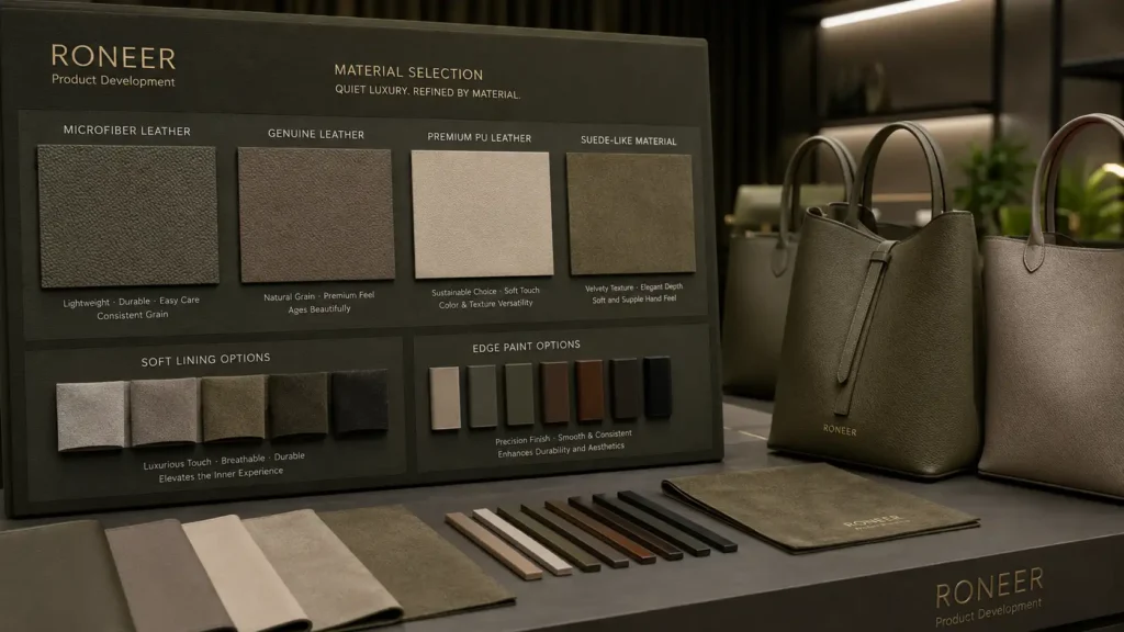 material selection for quiet luxury handbag manufacturer projects