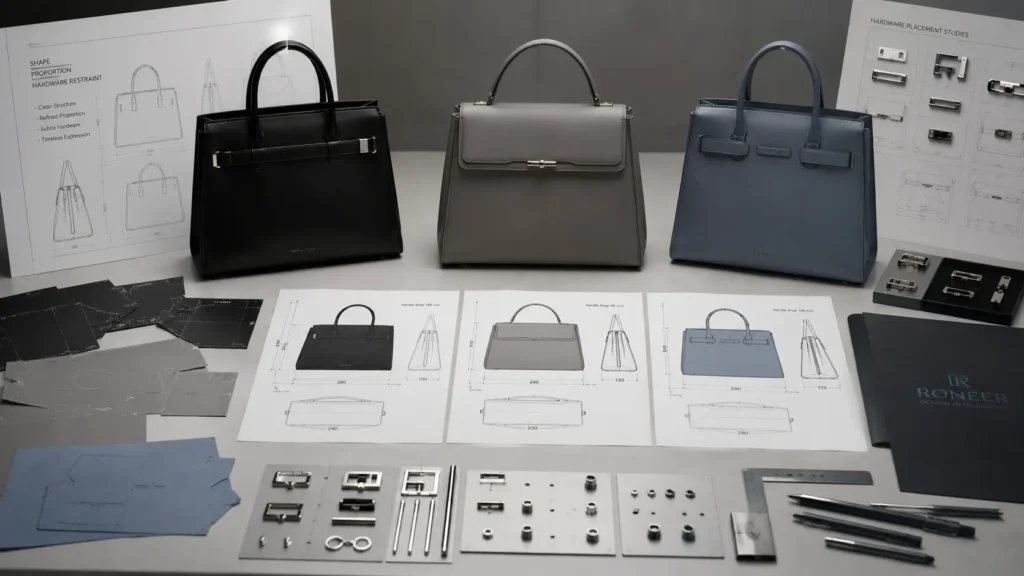 shape proportion and hardware control for quiet luxury handbags