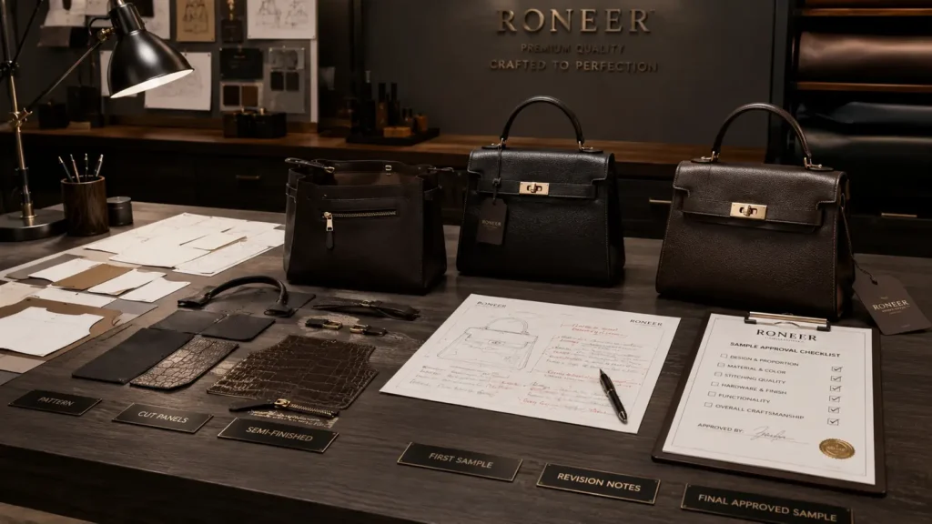 sample development and revision approval in handbag manufacturing process