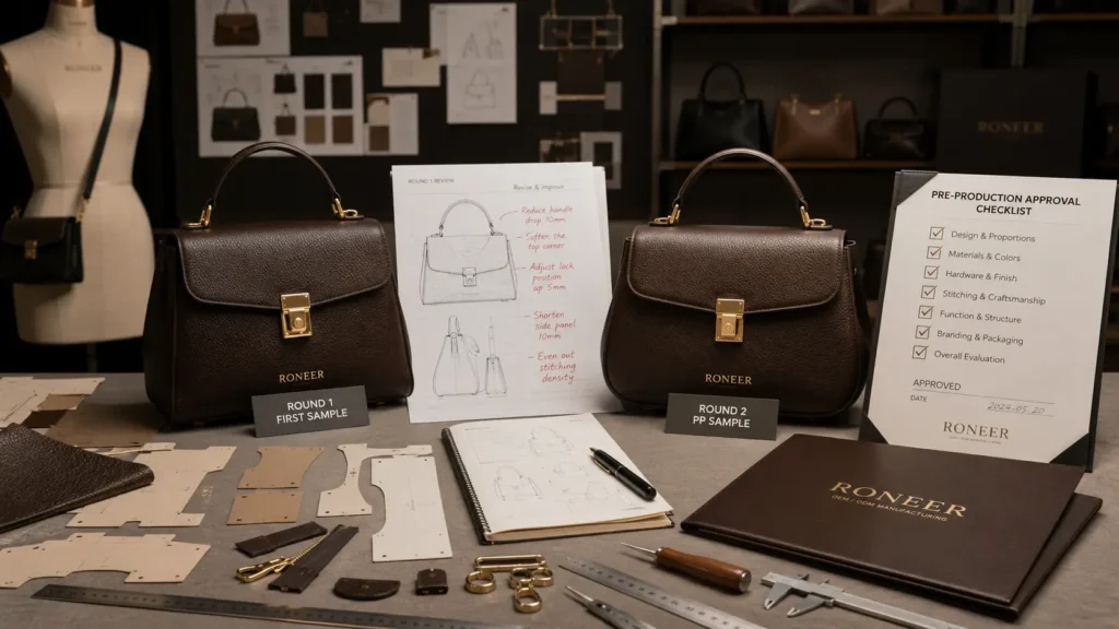sample development and revision approval in OEM handbag manufacturing process