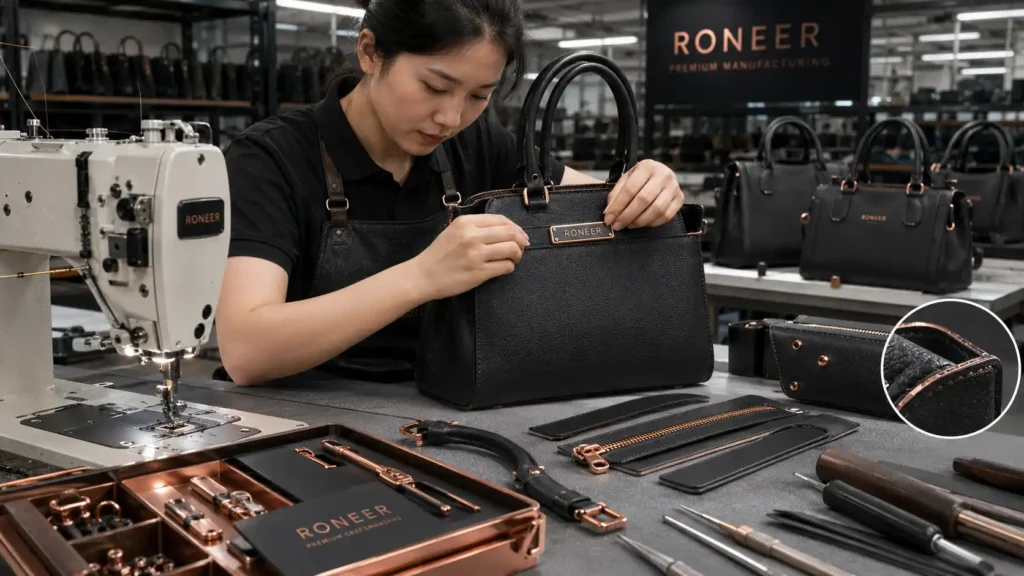 sewing assembly logo and finishing in handbag manufacturing process