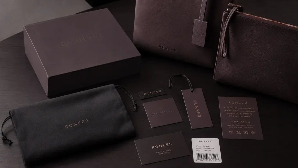subtle logo and packaging for private label minimalist bags