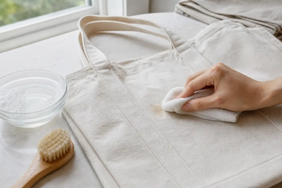 Spot cleaning a canvas tote between full washes