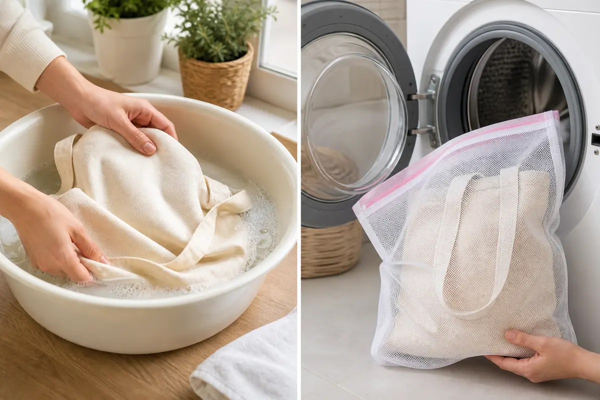 Hand washing and machine washing a canvas tote in a mesh bag