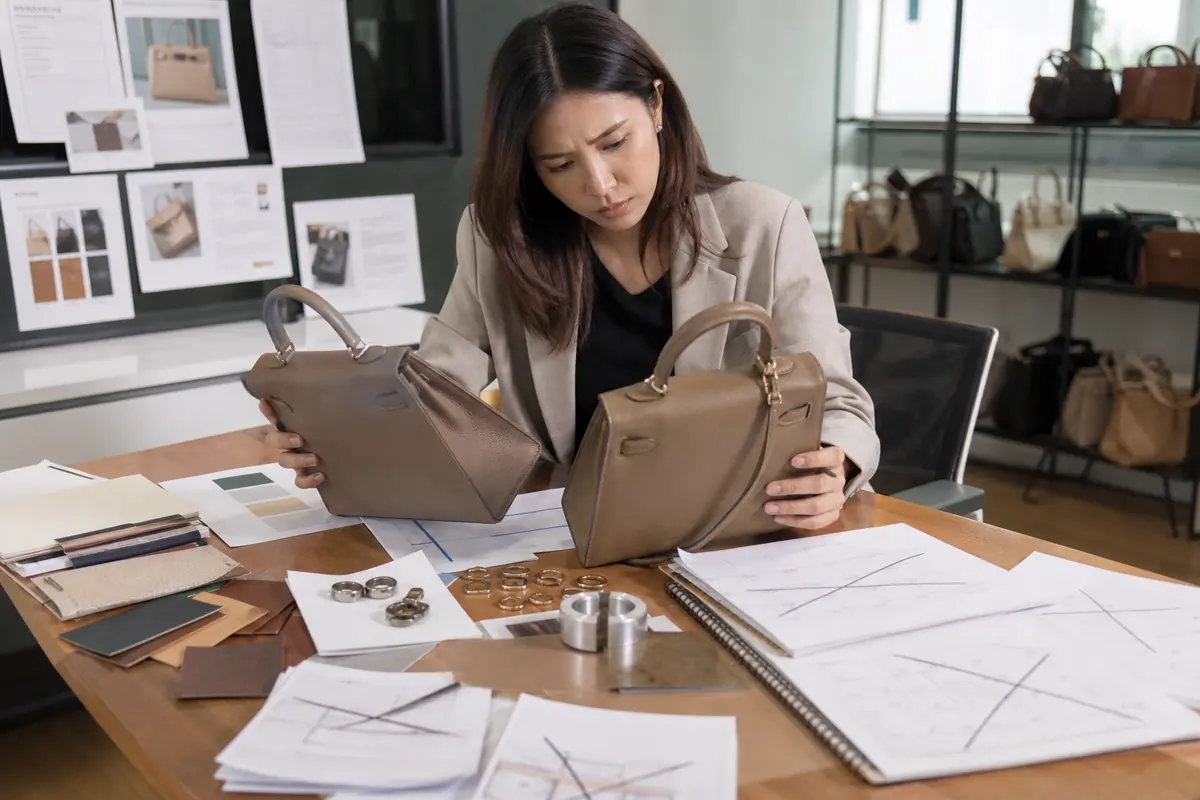 Product manager comparing handbag samples after a supplier change