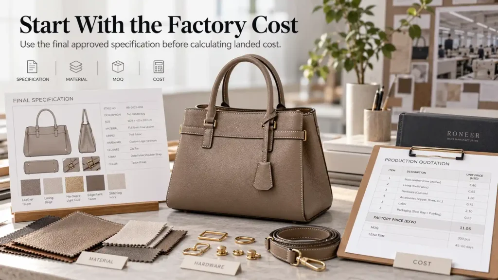 custom bag landed cost factory production cost