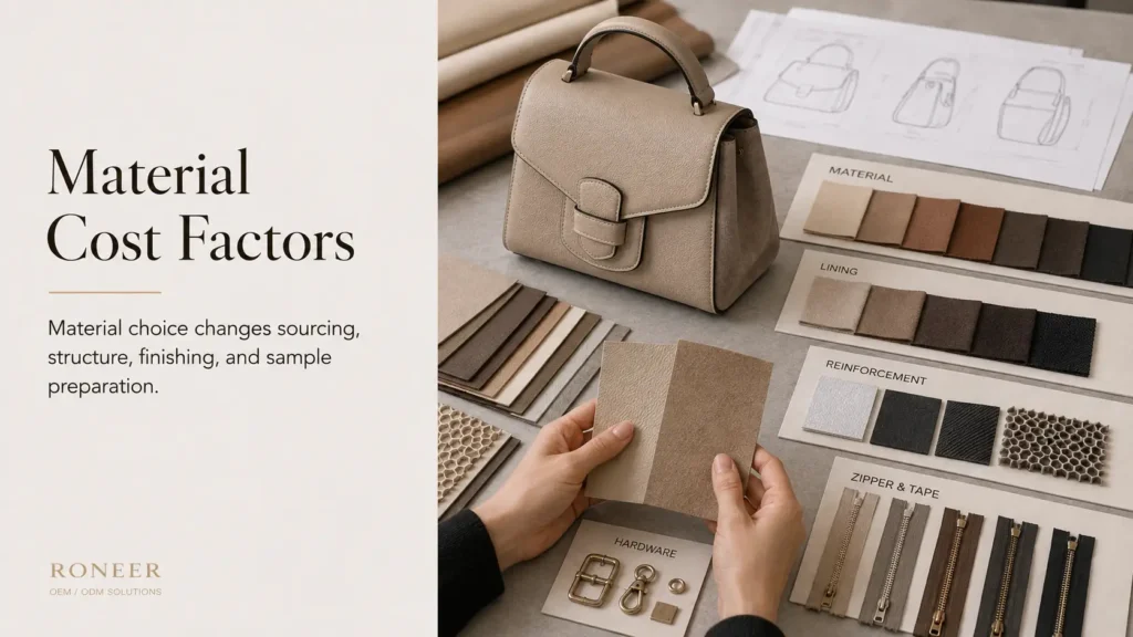 custom handbag sample cost material selection